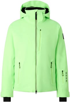 Grüne Skijacke mit Kapuze und mehreren Reißverschlusstaschen.