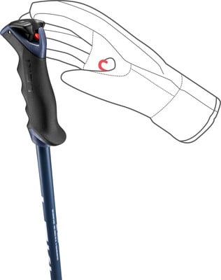 Eine Hand hält den Griff eines Skistocks mit einem roten Kreis, der den Griff anzeigt.