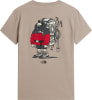 T-Shirt mit einem Aufdruck eines Bergsteigers mit Rucksack und Ausrüstung.