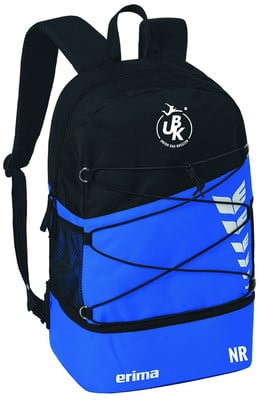 Schwarzer und blauer Sportrucksack mit Logo und Aufschrift erima.