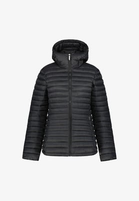 Schwarze Daunenjacke mit Kapuze und Reißverschluss.