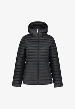 Schwarze Daunenjacke mit Kapuze und Reißverschluss.