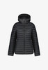 Schwarze Daunenjacke mit Kapuze und Reißverschluss.