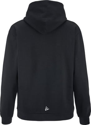 Schwarzer Herren Hoodie mit Kapuze und kleinem Logo im unteren Rückenbereich.