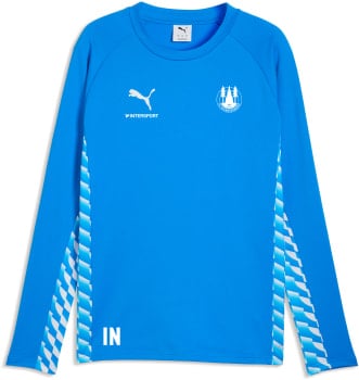Ein blaues Langarm-Sportshirt mit Puma-Logo und Vereinswappen.
