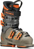 Ein Tecnica Mach 1 Junior Skischuh in Grau mit orangefarbenen Akzenten.