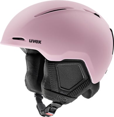 Ein rosafarbener Skihelm von UVEX mit schwarzen Details und verstellbaren Riemen. Ein rosafarbener Skihelm von UVEX mit schwarzen Details und verstellbaren Riemen.