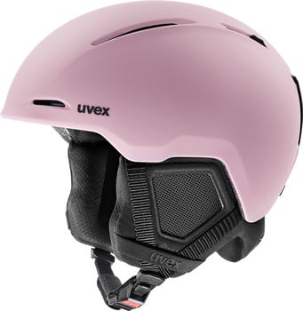 Ein rosafarbener Skihelm von UVEX mit schwarzen Details und verstellbaren Riemen.
