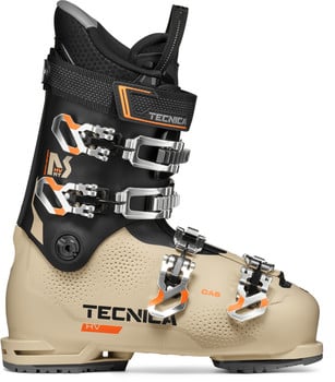 Ein technischer HV-Skischuh für Herren in Beige und Schwarz mit orangefarbenen Akzenten.