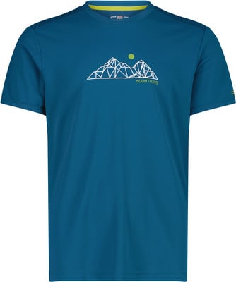 Blaues T-Shirt mit Berg- und Sonnendruck, Schriftzug MOUNTAINS. Blaues T-Shirt mit Berg- und Sonnendruck, Schriftzug MOUNTAINS.