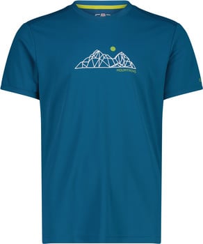 Blaues T-Shirt mit Berg- und Sonnendruck, Schriftzug MOUNTAINS.