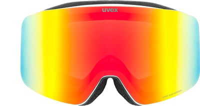 Skibrille mit rot-gelber Spiegellinse und Uvex-Logo.