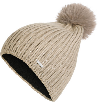 Beige Strickmütze mit Bommel und Glitzer.