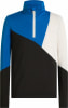 Eine blau-schwarz-weiße Jacke mit Farbblockdesign und weißem Reißverschluss am Kragen.
