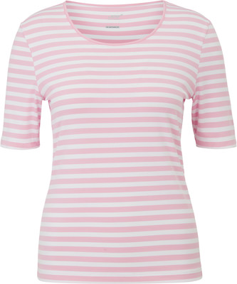 Damen-T-Shirt mit kurzen Ärmeln und rosa Streifen. Damen-T-Shirt mit kurzen Ärmeln und rosa Streifen.