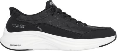 Schwarzer gesteppter Skechers Slip-Ins Schuh mit weißer Contour Foam Sohle. Schwarzer gesteppter Skechers Slip-Ins Schuh mit weißer Contour Foam Sohle.