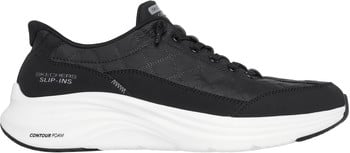 Schwarzer gesteppter Skechers Slip-Ins Schuh mit weißer Contour Foam Sohle.