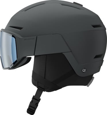 Ein grauer Salomon Sk Helm mit integriertem Visier und verstellbarem Riemen. Ein grauer Salomon Sk Helm mit integriertem Visier und verstellbarem Riemen.