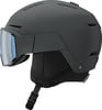 Ein grauer Salomon Sk Helm mit integriertem Visier und verstellbarem Riemen.