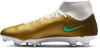 Goldene Nike Fußballschuhe mit weißem Kragen und grünem Logo.
