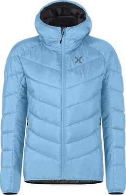Leichte blaue Daunenjacke mit Kapuze und Markenlogo.