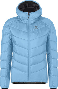 Leichte blaue Daunenjacke mit Kapuze und Markenlogo.