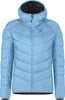 Leichte blaue Daunenjacke mit Kapuze und Markenlogo.