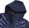 Dunkelblaue Daunenjacke mit Kapuze und schwarzem Futter.