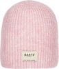 Eine rosa Rippstrickmütze mit dem Barts Amsterdam Logo.