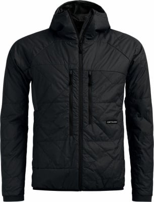 Schwarze gesteppte Kapuzenjacke mit Reißverschluss und Markenlogo.