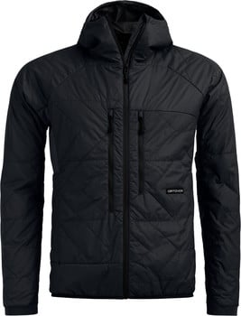 Schwarze gesteppte Kapuzenjacke mit Reißverschluss und Markenlogo.