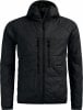Schwarze gesteppte Kapuzenjacke mit Reißverschluss und Markenlogo.