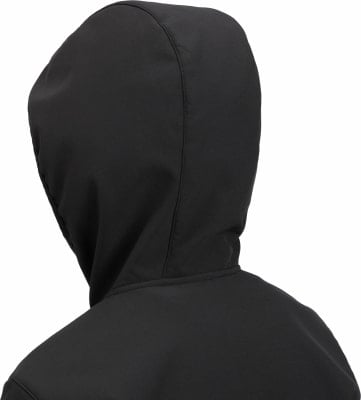 Rückansicht einer Person in einer schwarzen Kapuzenjacke. Rückansicht einer Person in einer schwarzen Kapuzenjacke.