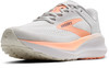 Hellgrauer Brooks Laufschuh mit orangefarbenen Akzenten und Logo.