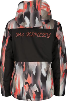 Rückseite der McKinley-Jacke mit buntem Muster und Logo. Rückseite der McKinley-Jacke mit buntem Muster und Logo.