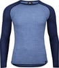 Blaues Langarmshirt mit Raglanärmeln und Logo oben.