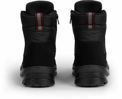 Schwarze Winterstiefel mit seitlichem Reißverschluss und rot-grauem Streifen oben. Schwarze Winterstiefel mit seitlichem Reißverschluss und rot-grauem Streifen oben.