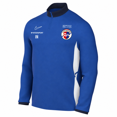 Blaues Sweatshirt mit Nike-Logo, Intersport-Schriftzug und Vereinswappen.