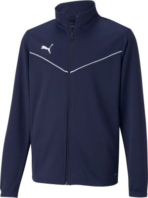 Dunkelblaue Puma Jacke mit weißem Logo und weißem Streifen. Dunkelblaue Puma Jacke mit weißem Logo und weißem Streifen.