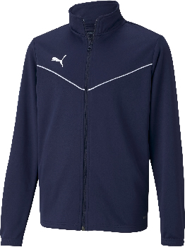 Dunkelblaue Puma Jacke mit weißem Logo und weißem Streifen.