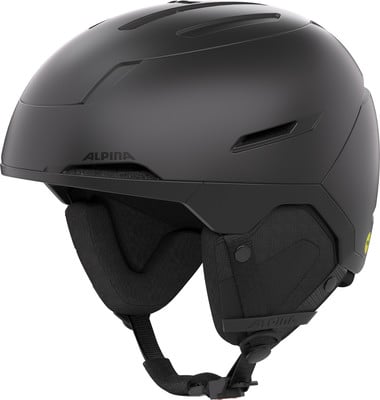 Schwarzer Alpina Skihelm mit integriertem MIPS-System und einstellbarer Belüftung.