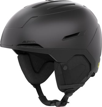 Schwarzer Alpina Skihelm mit integriertem MIPS-System und einstellbarer Belüftung.