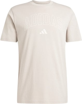 Beiges Adidas T-Shirt mit Logo und Schriftzug. Beiges Adidas T-Shirt mit Logo und Schriftzug.