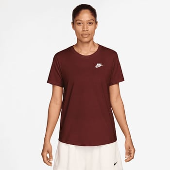 Damen-Weinrot-T-Shirt von Nike mit Logo auf der Brust.