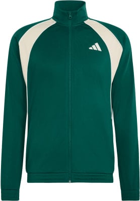 Grüne Adidas Herrenjacke mit weißen Streifen und Logo auf der Brust. Grüne Adidas Herrenjacke mit weißen Streifen und Logo auf der Brust.