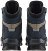 Rückansicht eines Paares dunkelblauer Wanderschuhe mit beige und schwarzen Details.
