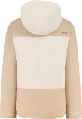 Rückansicht einer beige Jacke mit Kapuze und helleren Streifen. Rückansicht einer beige Jacke mit Kapuze und helleren Streifen.