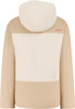 Rückansicht einer beige Jacke mit Kapuze und helleren Streifen.