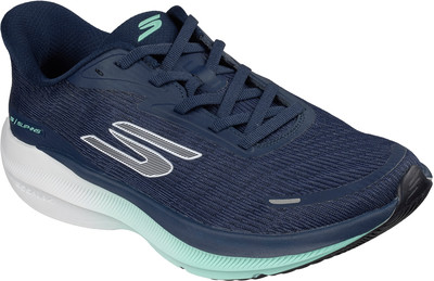 Dunkelblaue Skechers Laufschuhe mit weißem Logo und türkisfarbenen Akzenten. Dunkelblaue Skechers Laufschuhe mit weißem Logo und türkisfarbenen Akzenten.