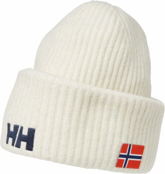 Weiße Rippstrickmütze mit HH-Logo und norwegischer Flagge.